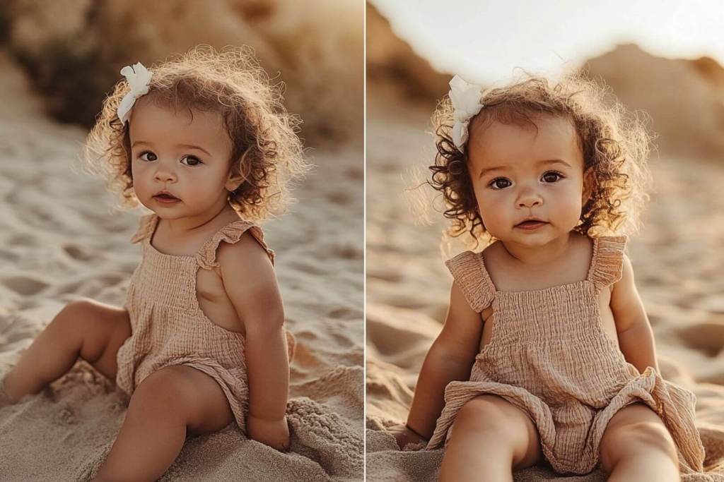 Doble retrato de una niña pequeña en la playa
