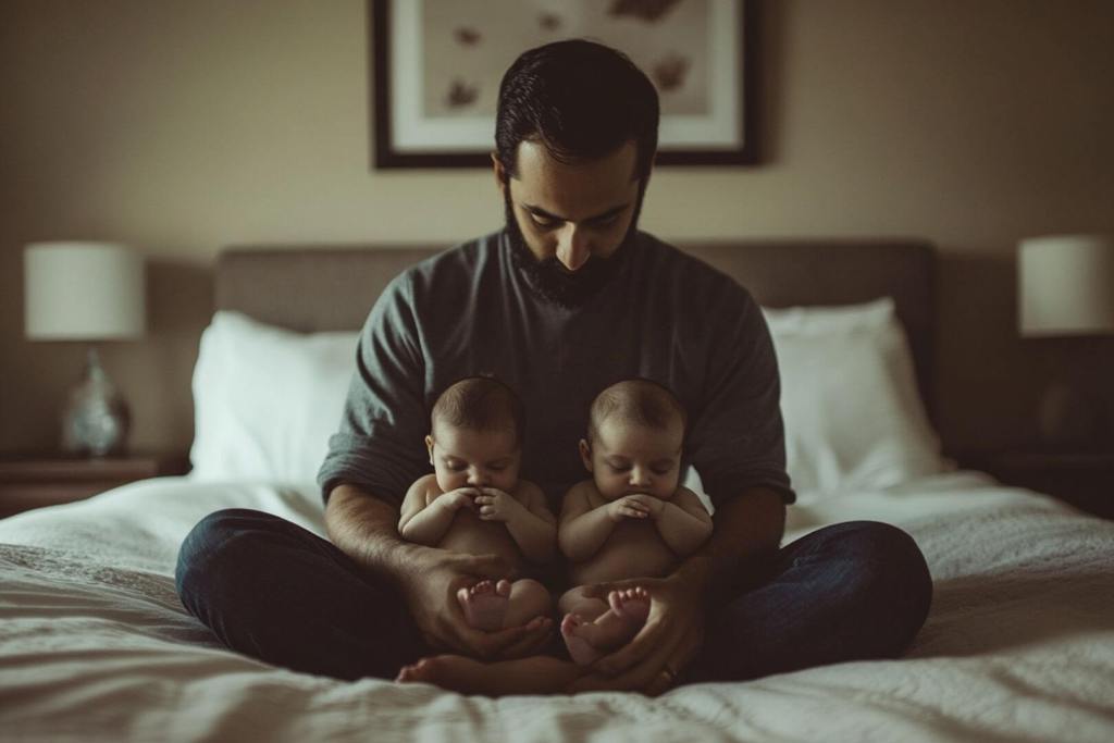 Un padre con sus dos bebés