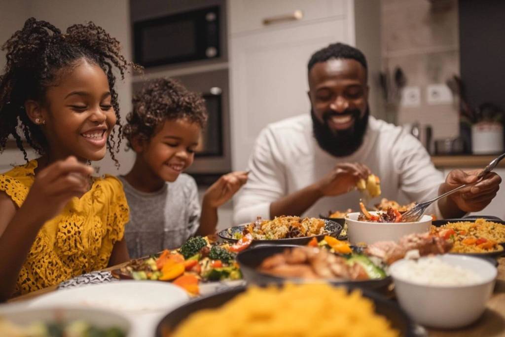 Una familia disfruta de un banquete