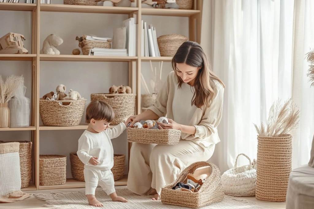 Madre e hijo ordenan una habitación