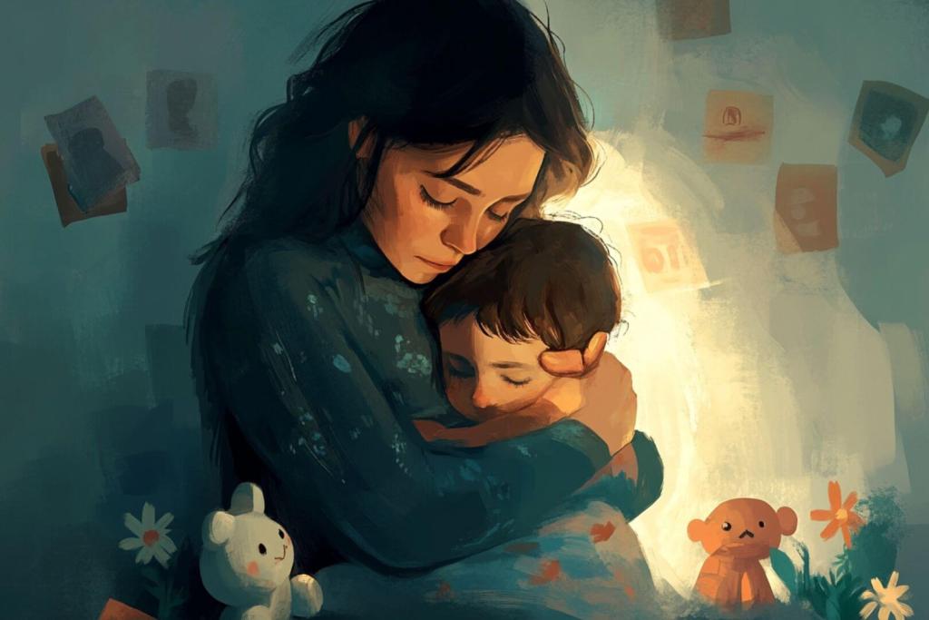 Madre e hijo abrazados: iluistración