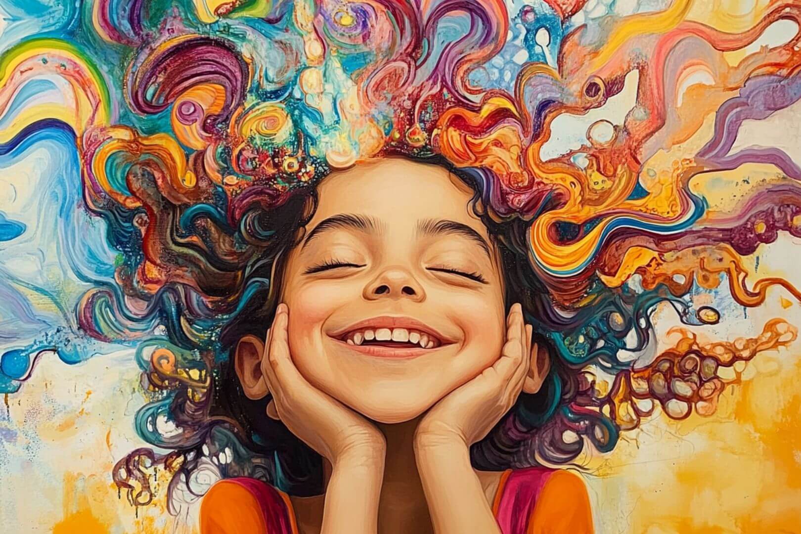 Ilustración que simula las ideas que brotan de la cabeza de una niña