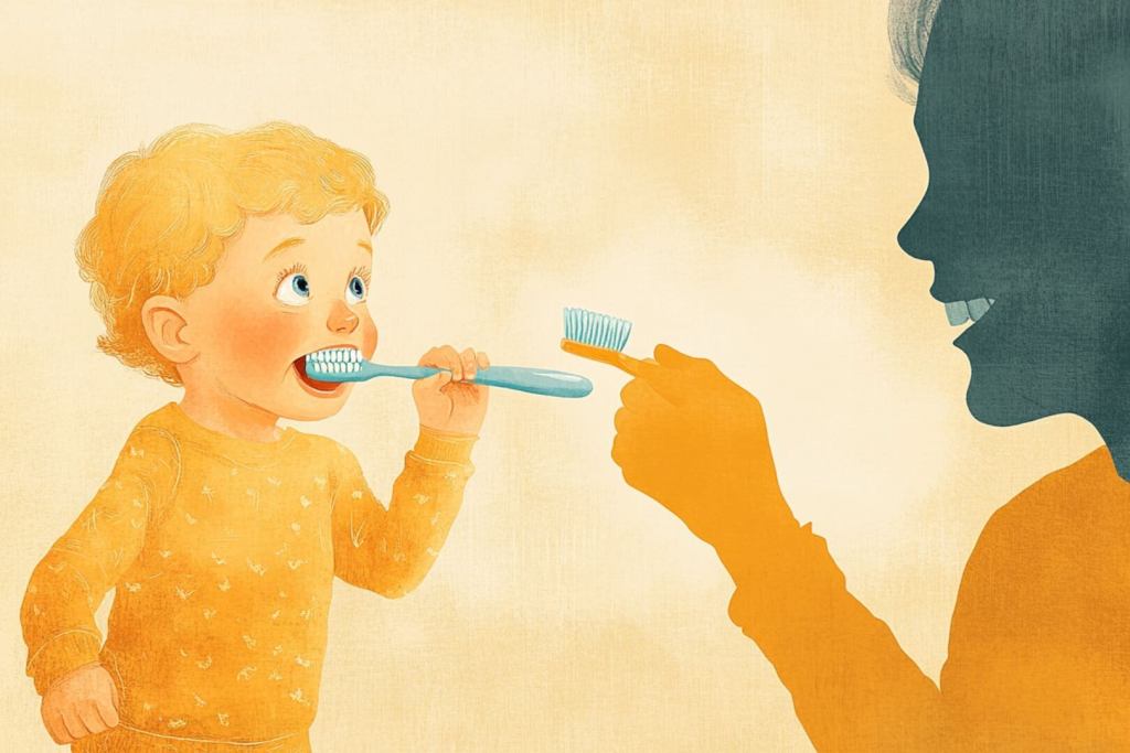 Ilustración de madre e hijo cepillando sus dientes