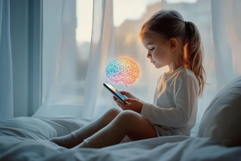 Una niña interactúa con una tablet mientras un cerebro digital flota a su lado: una metáfora visual del papel creciente de la inteligencia artificial en la detección precoz del TDAH infantil.