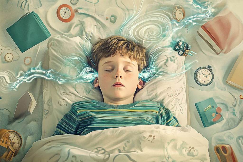 Ilustración de un niño roncando mientras duerme