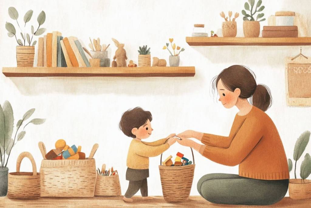 Ilustración de una madre y su hijo ordenando