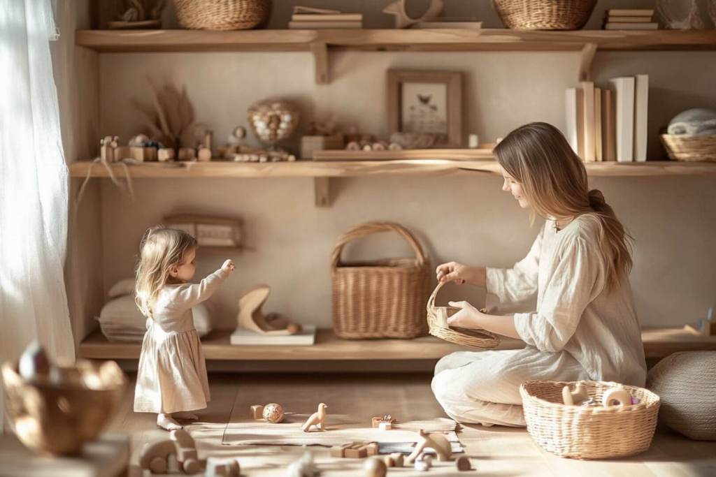 Una familai ordenando la habitación