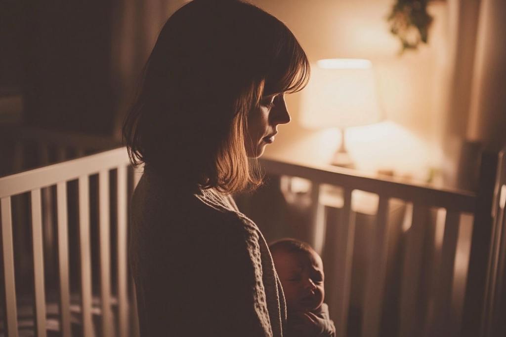 Una madre agotada atiende a su bebé por la noche
