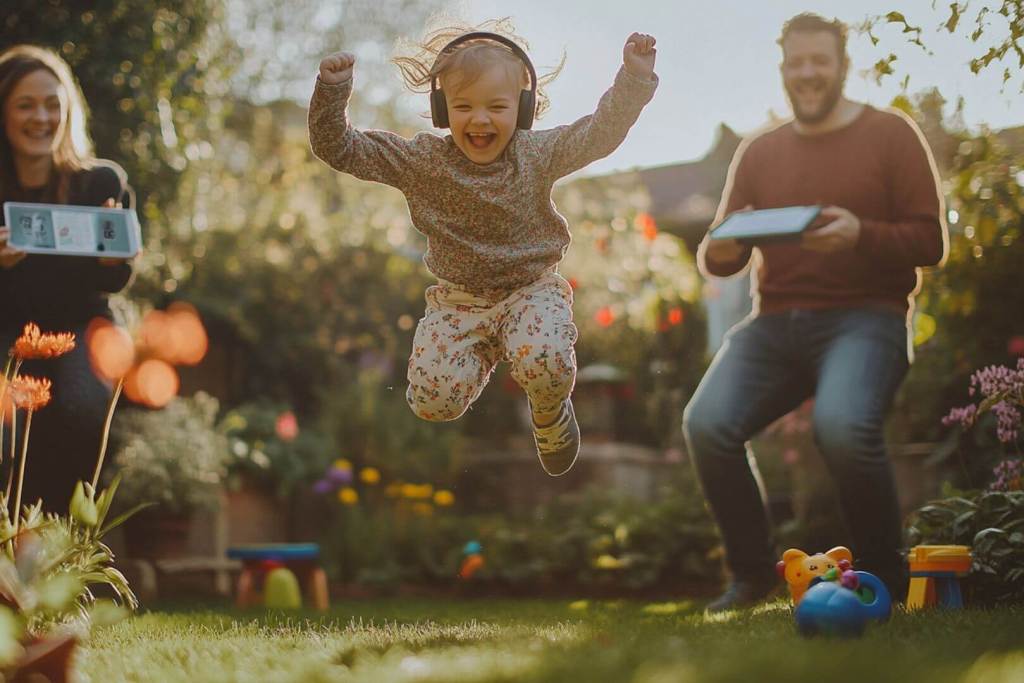 Una niña TEA saltando en el jardín de casa