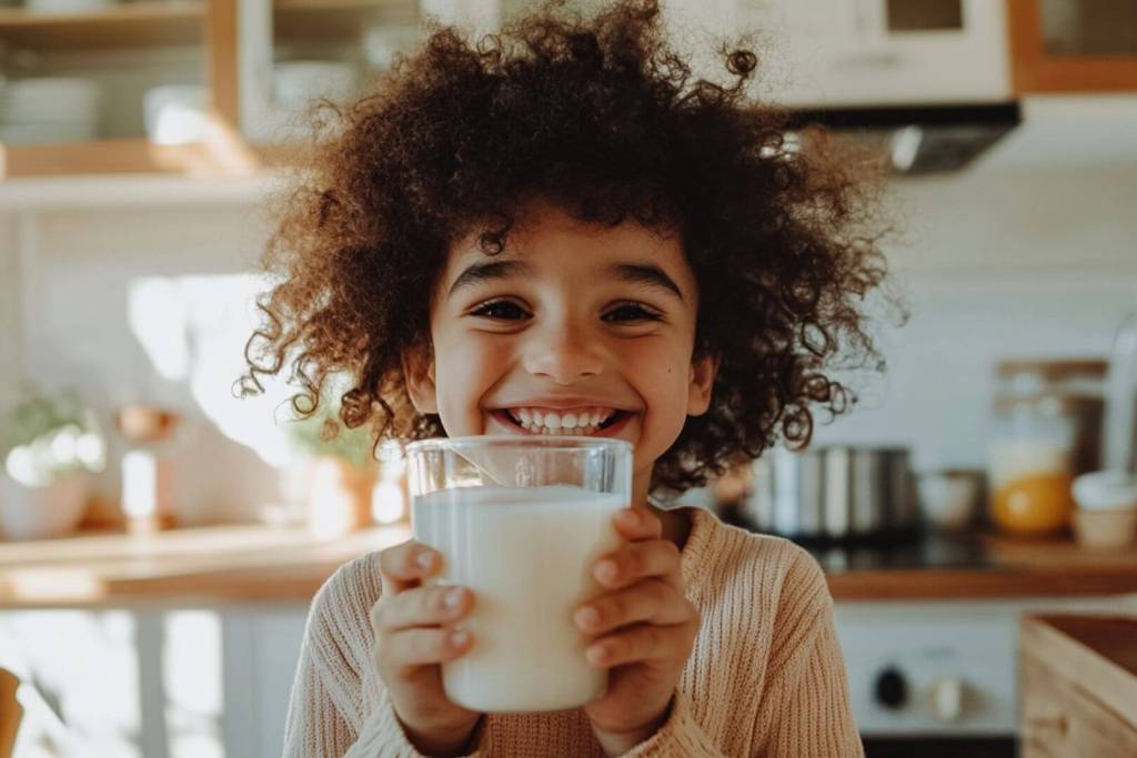 Una niña feliz tomando leche en su cocina