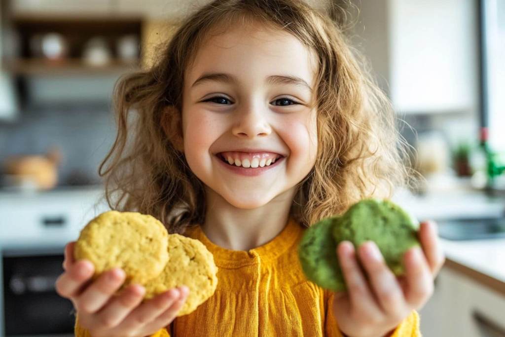 Una niña sostiene feliz varias galletas