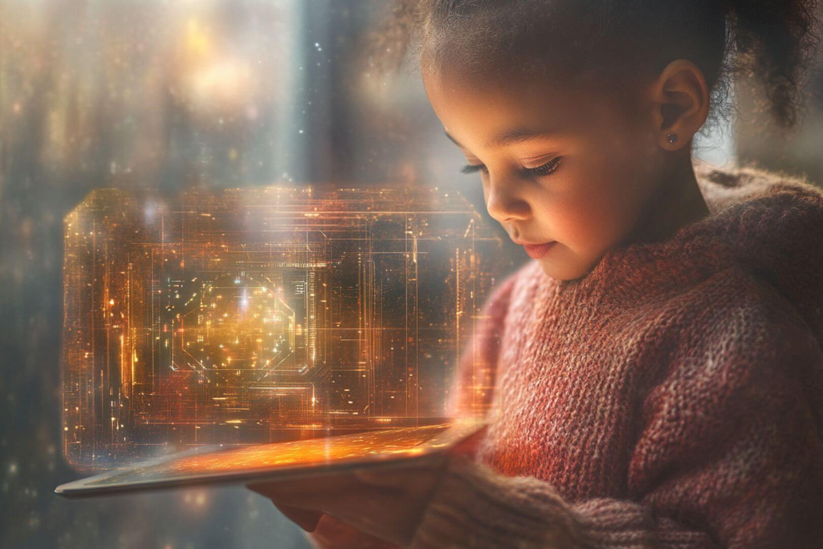 Una niña con una tablet y una recreación digital de la IA
