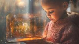 Una niña con una tablet y una recreación digital de la IA