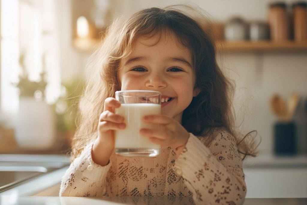 Una niña toma en su cocina un vaso de leche grande