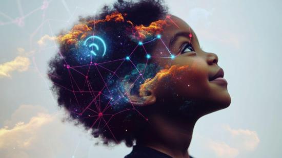 Una nube de conexiones neuronales sobre su cabeza refleja la complejidad y el potencial del cerebro infantil. La IA no solo analiza datos, también da pistas para entenderlos mejor.