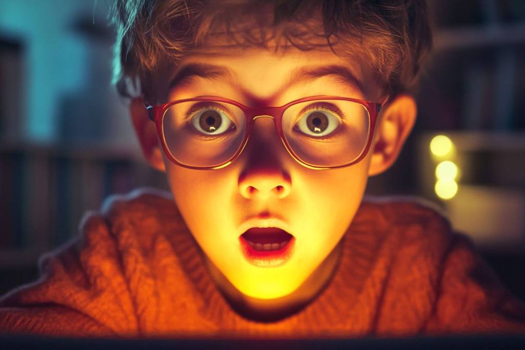Un niño muestra sorpresa ante lo que ve en el ordenador
