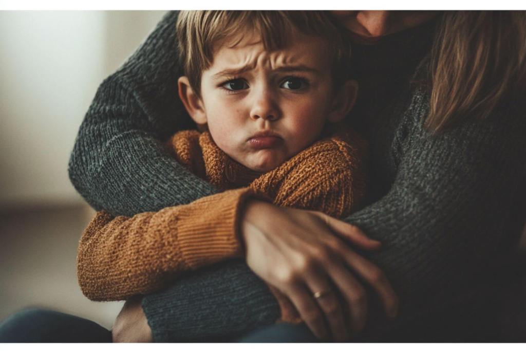 Una madre sujeta a su hijoi, que está enfadado
