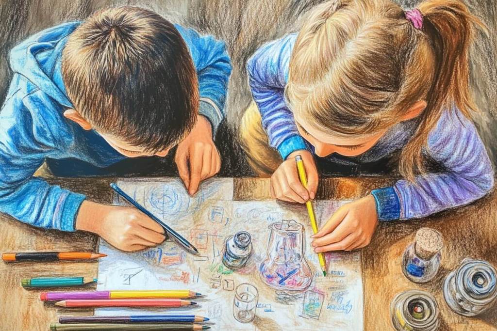 Niño y niña dibujan cuestiones científicas