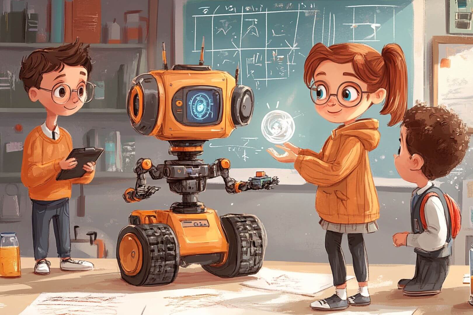 Una niña presentando su robot