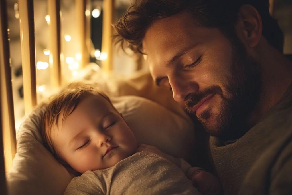 Un padre duerme junto a su bebé