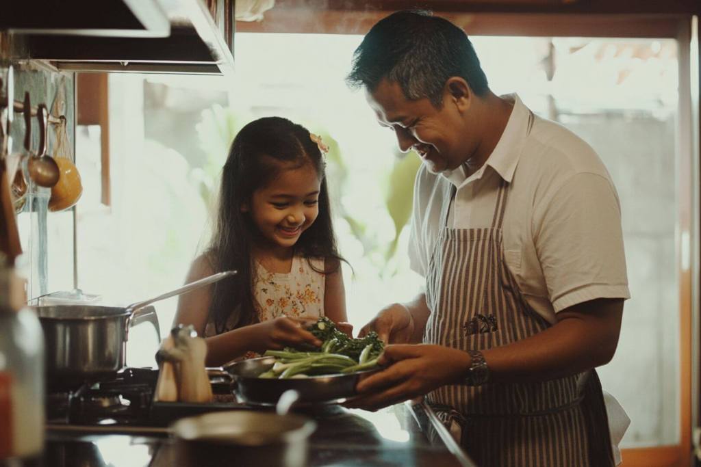 Padre e hija cocinando