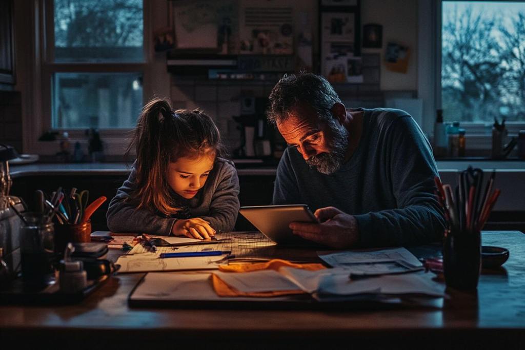 Padre e hija, con la tablet y estudiando respectivamente