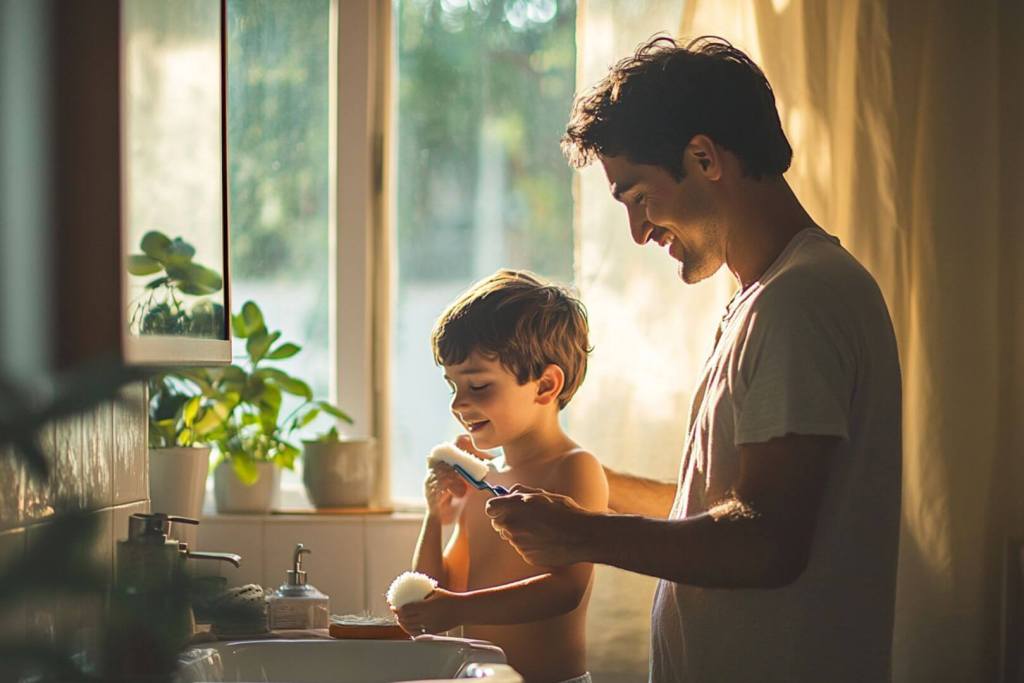 Un padre se afeita con su hijo