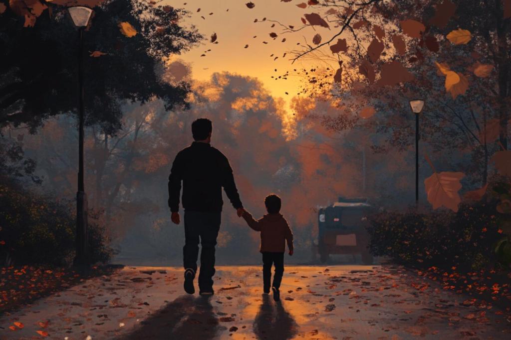 Padre e hijo pasean de la mano
