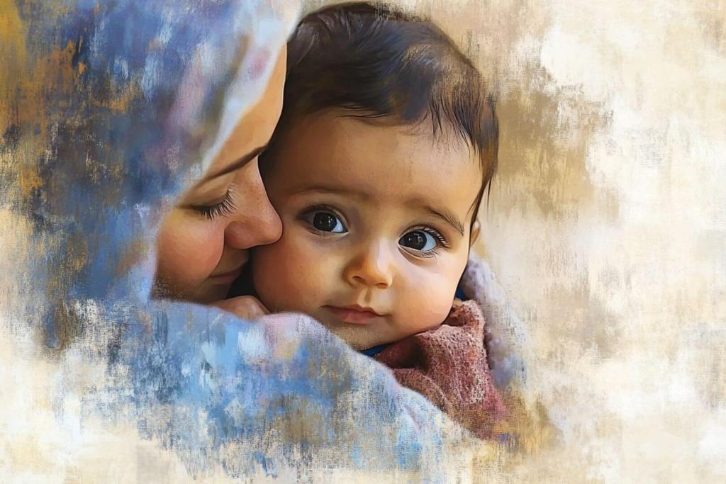 Pintura de una madre y su hijo en brazos