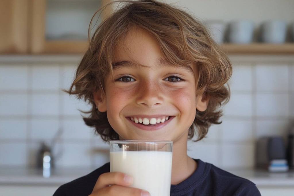 Un niño mayor con un vaso de leche en la mano