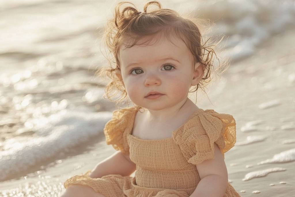Una niña retratada en la orilla del mar en verano