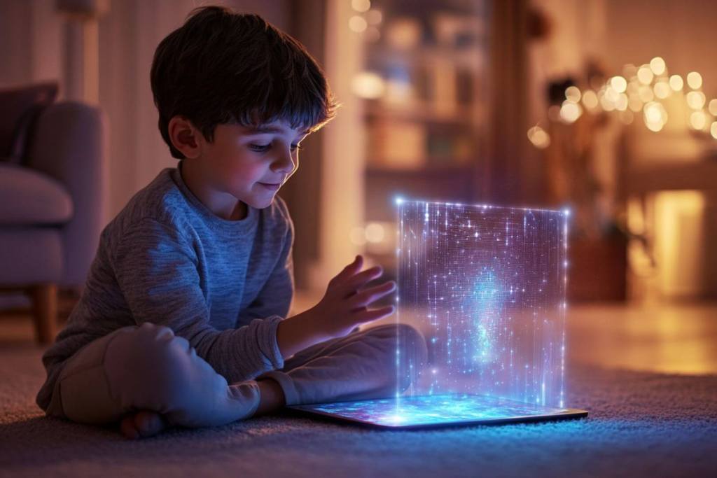 Imagen simulada de un niño jugando con un holograma a través de IA