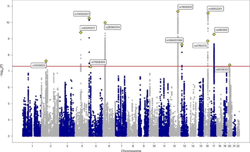 Fig. 1: Gráfico de Manhattan del metanálisis GWAS de la edad al inicio de la marcha.