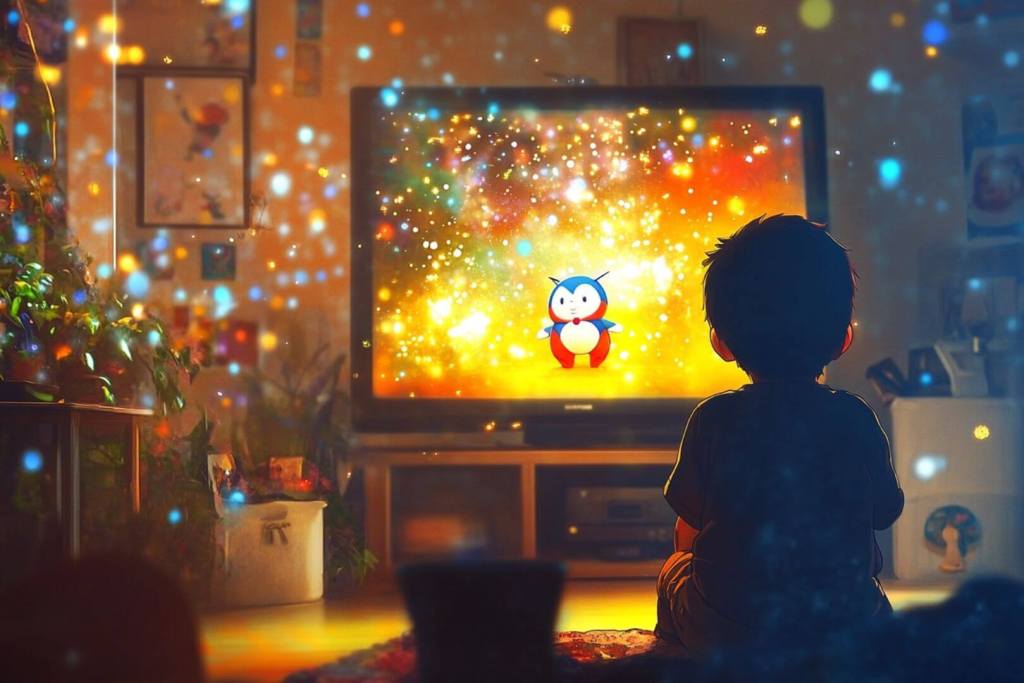 UN niño ve dibujos en casa solo