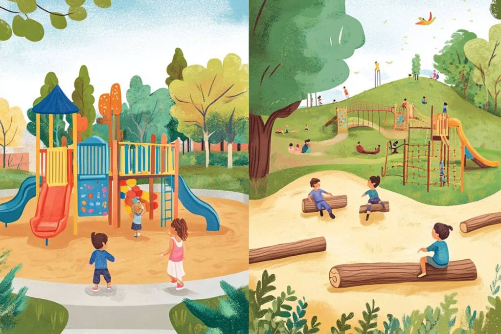 ¿Columpios o troncos? Esta imagen ilustra cómo cambia el juego infantil según el entorno que lo rodea.