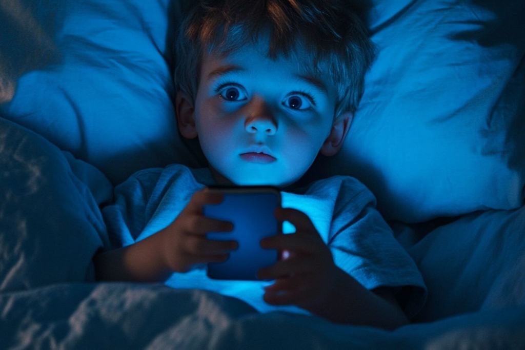 Un niño con el móvil en la cama
