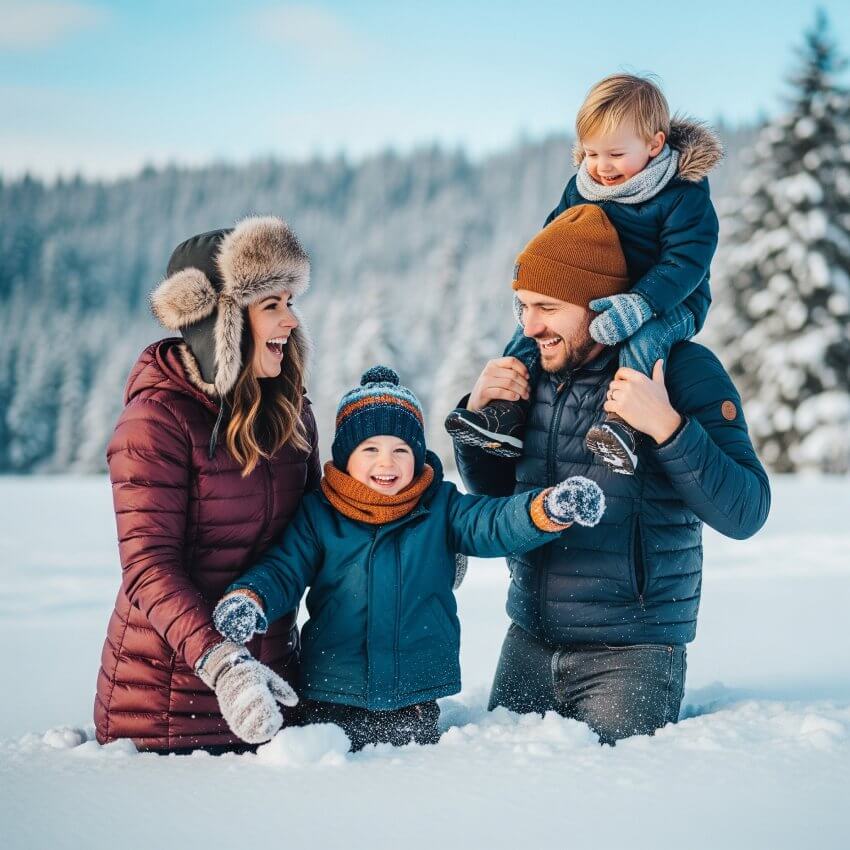 Una familia de viaje en la nieve