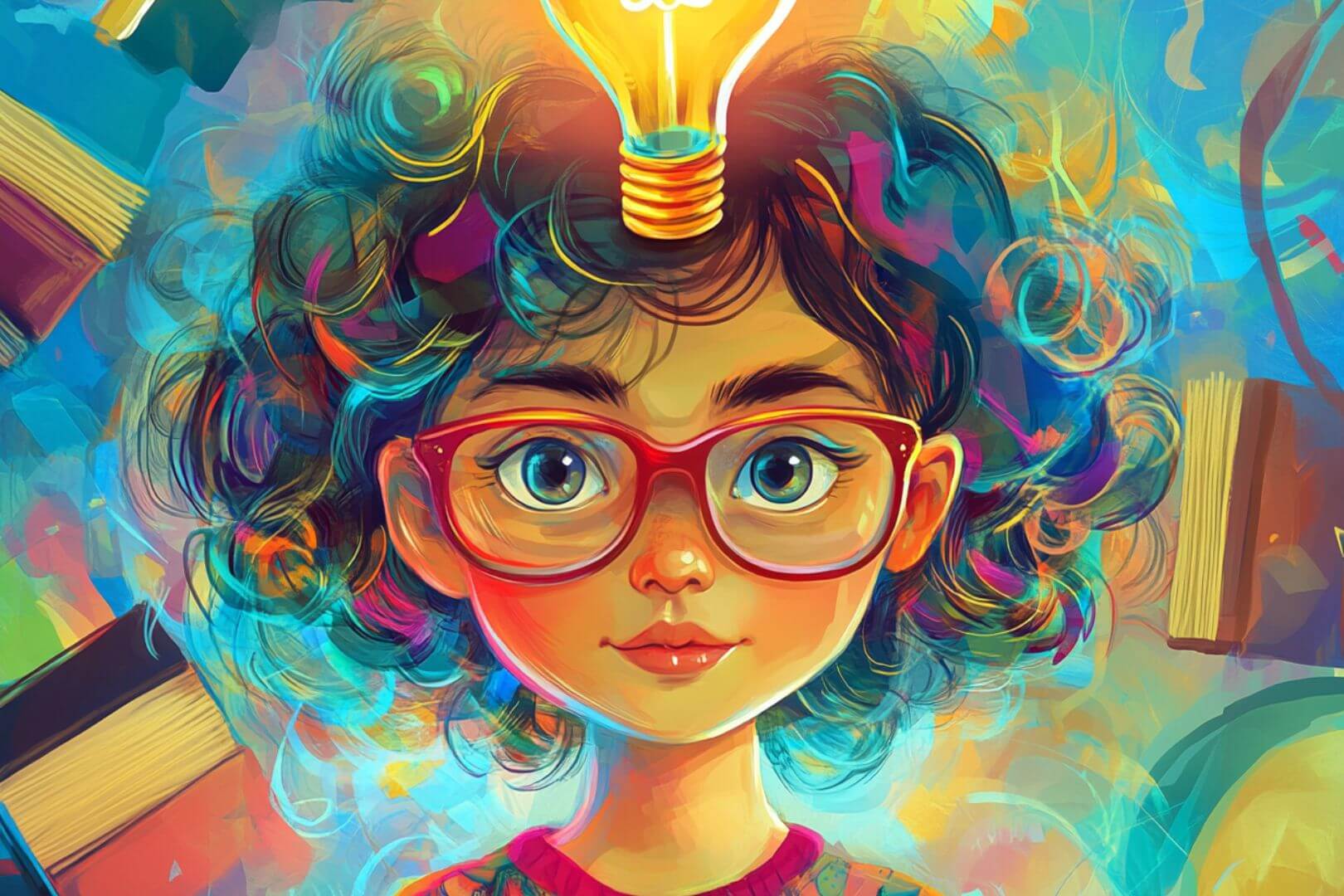 Ilustración moderna de una niña con altas capacidades: curiosidad, creatividad y pensamiento brillante desde la infancia
