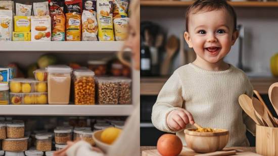 Una despensa saludable y un niño pequeño comiendo rico