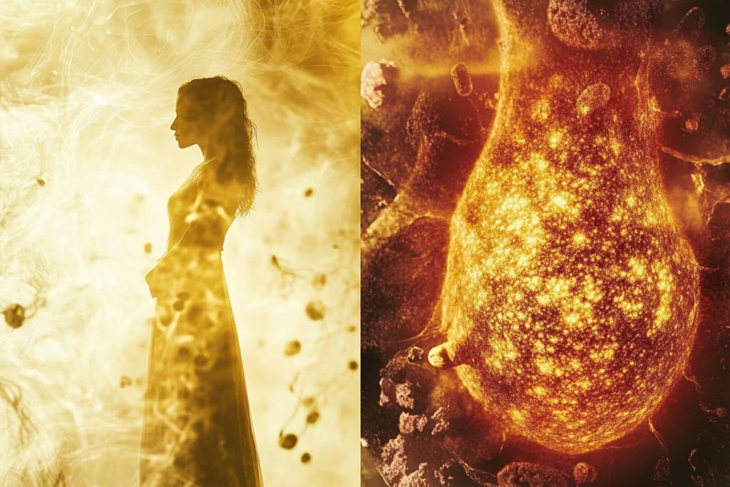 A la izquierda, la silueta representa el deseo de maternidad; a la derecha, la ciencia revela cómo ciertas células inmunes pueden dificultar ese camino.