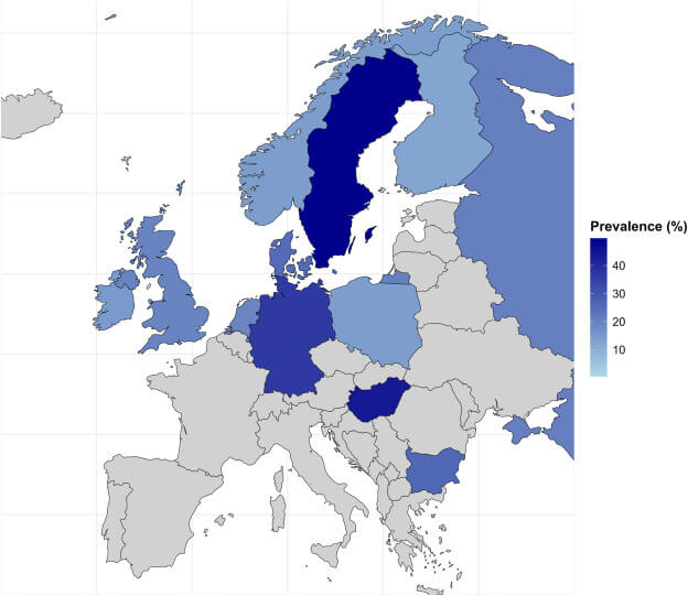Fig. 2 Prevalencia agrupada de miopía en Europa por país . Los países en gris no se incluyeron en el metanálisis debido a la falta de datos de prevalencia válidos. Los límites del mapa se basan en Natural Earth ( https://www.naturalearthdata.com ) y se generaron con el paquete R rnaturalearth (versión 1.0.1). Los autores mantienen una postura neutral respecto a las reivindicaciones territoriales y las representaciones de límites.