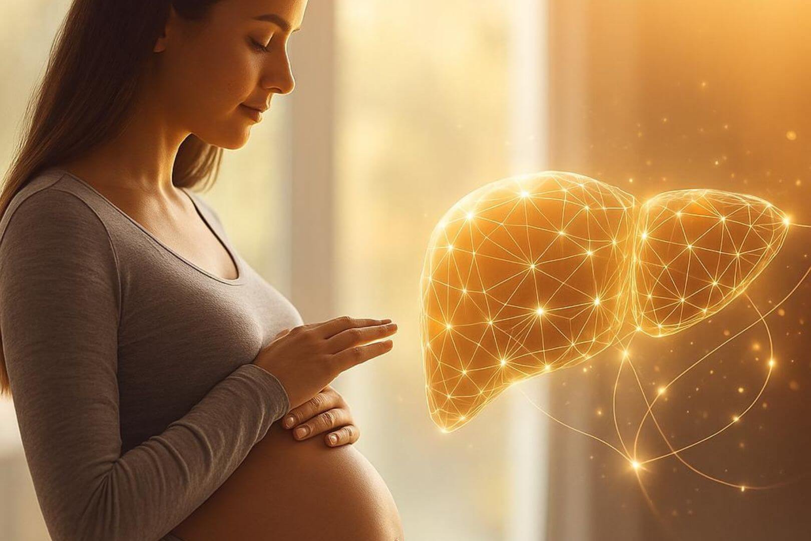Una mujer embarazada observa con serenidad una visualización digital del hígado, símbolo de la conexión entre salud materna y desarrollo fetal.