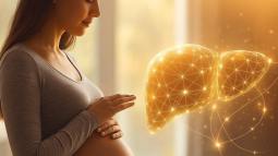 Una mujer embarazada observa con serenidad una visualización digital del hígado, símbolo de la conexión entre salud materna y desarrollo fetal.