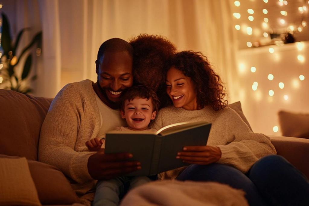 Una familia feliz compartiendo lectura