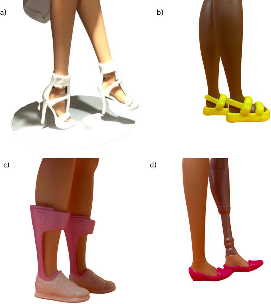 Fig. 2. Ejemplos de posturas del pie de colecciones personales: a) Barbie Made to Move (equina), b) Barbie Fashionista #210 (plana), c) Barbie Fashionista con síndrome de Down (tecnología de asistencia y plana) d) Barbie diseñadora de interiores con amputación por encima de la rodilla (tecnología de asistencia y plana).
