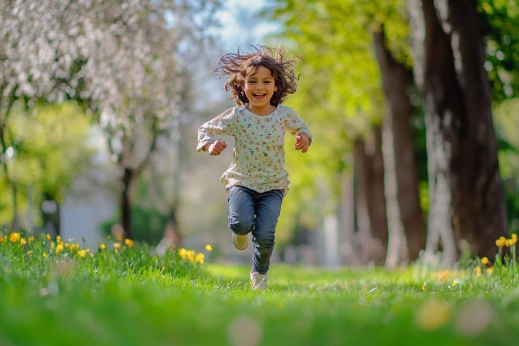 Una niña corre feliz y sana