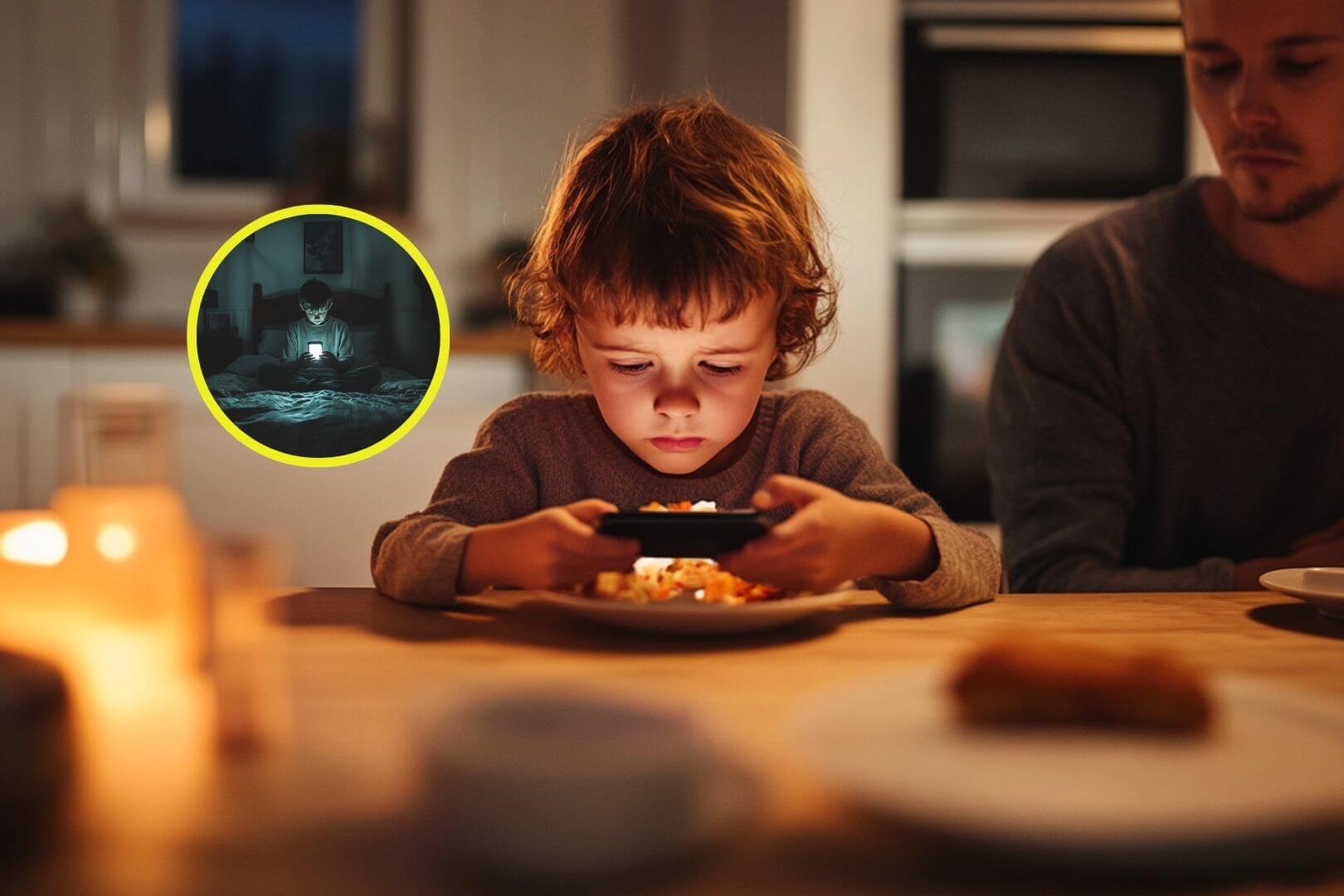 Un niño comiendo con el móvil. En detalle, otro mira el móvil en su habitación