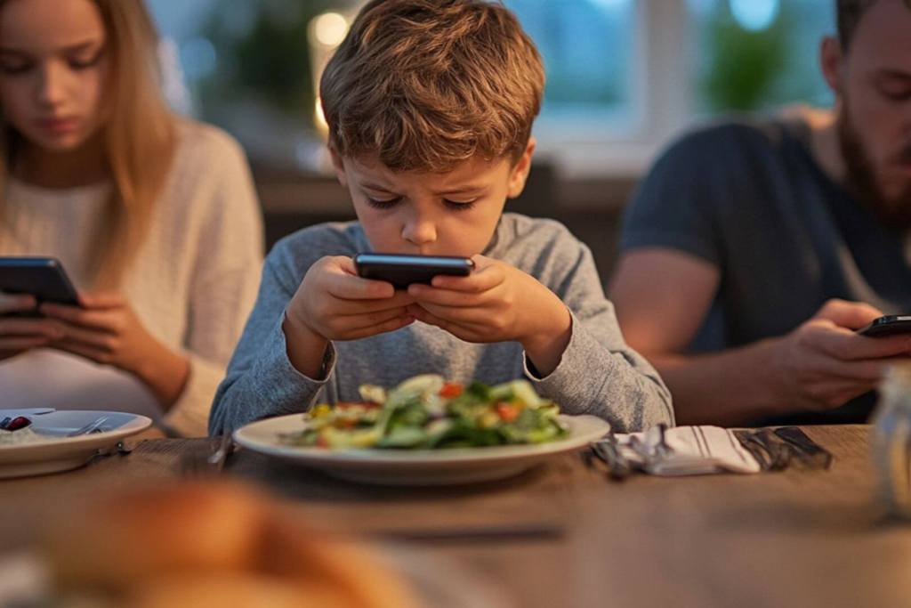 Un niño con el móvil en plena comida