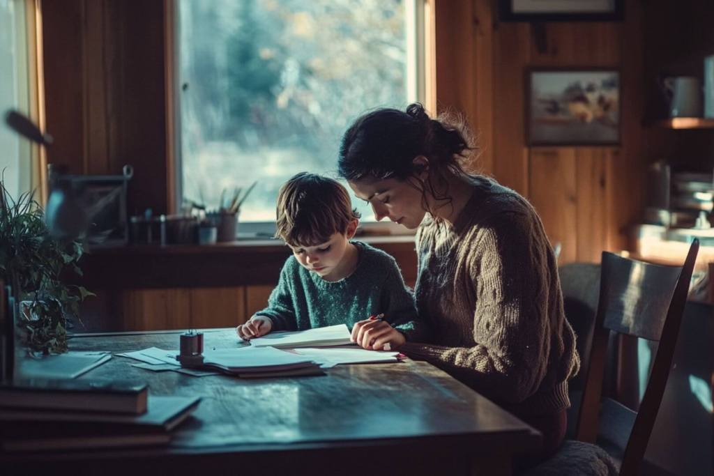 Madre e hijo estudiando