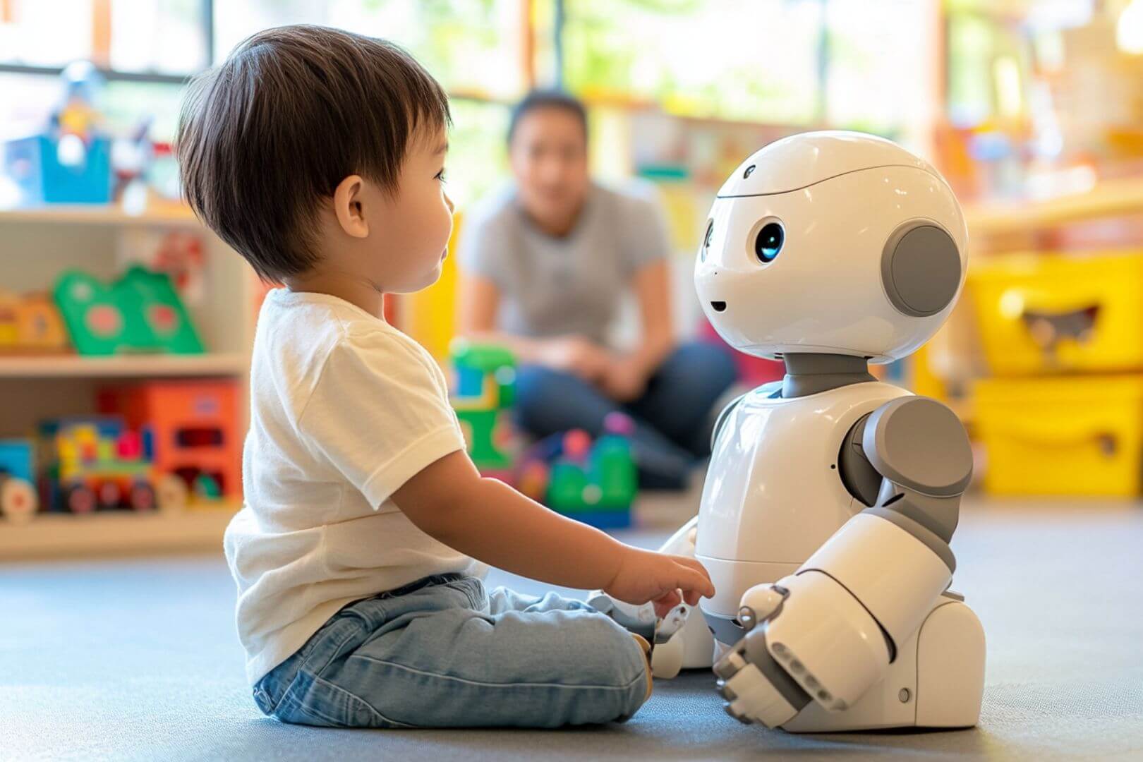 Niño con un robot en clase